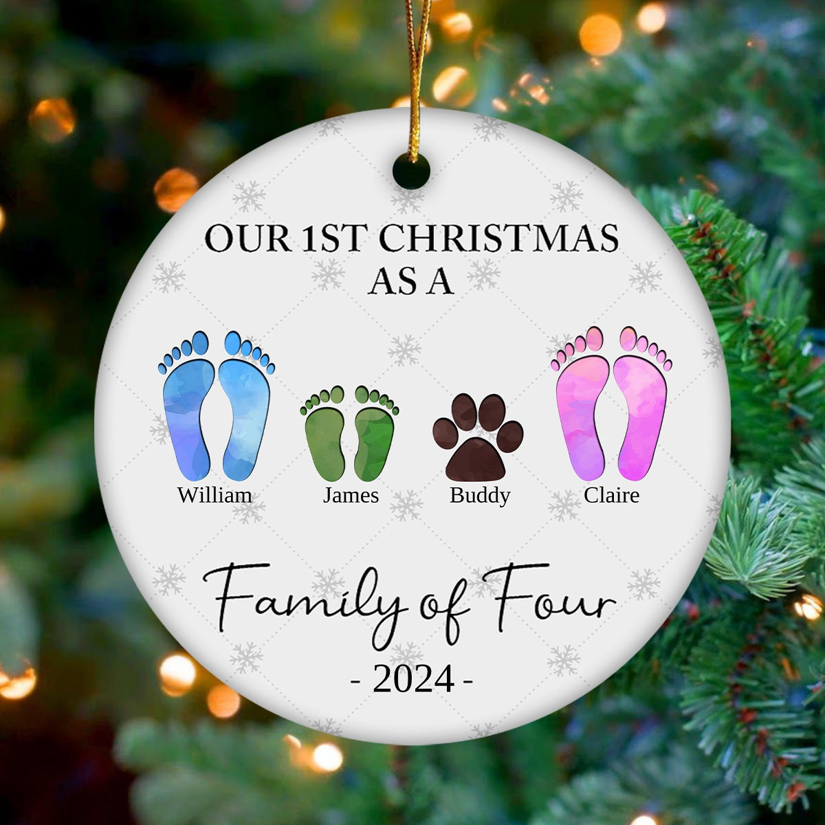 First Christmas As A Family Of Four Footprints - Personalized Ceramic Ornament