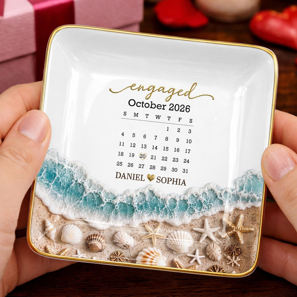 Engaged Calendar, Personalized Jewelry Dish, Gift For Couples