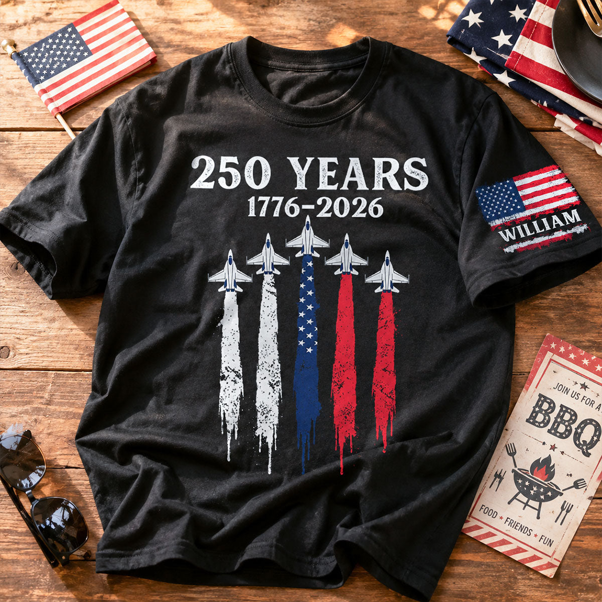 America 250th Anniversary Patriotic Jet Fighter 1776 - 2026 - Personalized Sleeve Printed Shirt - Family Matching Shirt, Patriotic Crew Shirt