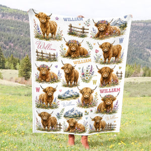 Personalized Highland Cow Baby Blanket – Custom Name Floral Design | Cute Nursery Decor & Baby Shower Gift For Boy Or Girl