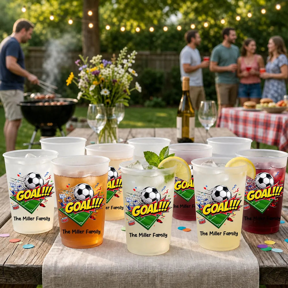 Personalized Frosted Plastic Cup, Soccer Goal Design for Backyard Cookouts, Unique Gift for Sports Fans