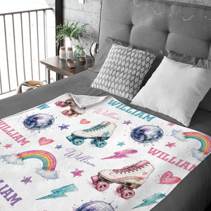 Personalized Roller Skate Blanket, Custom Name Roller Disco Throw Blanket, Retro Rainbow & Disco Ball Kids Blanket, Girl Bedroom Decor, Skate Gift