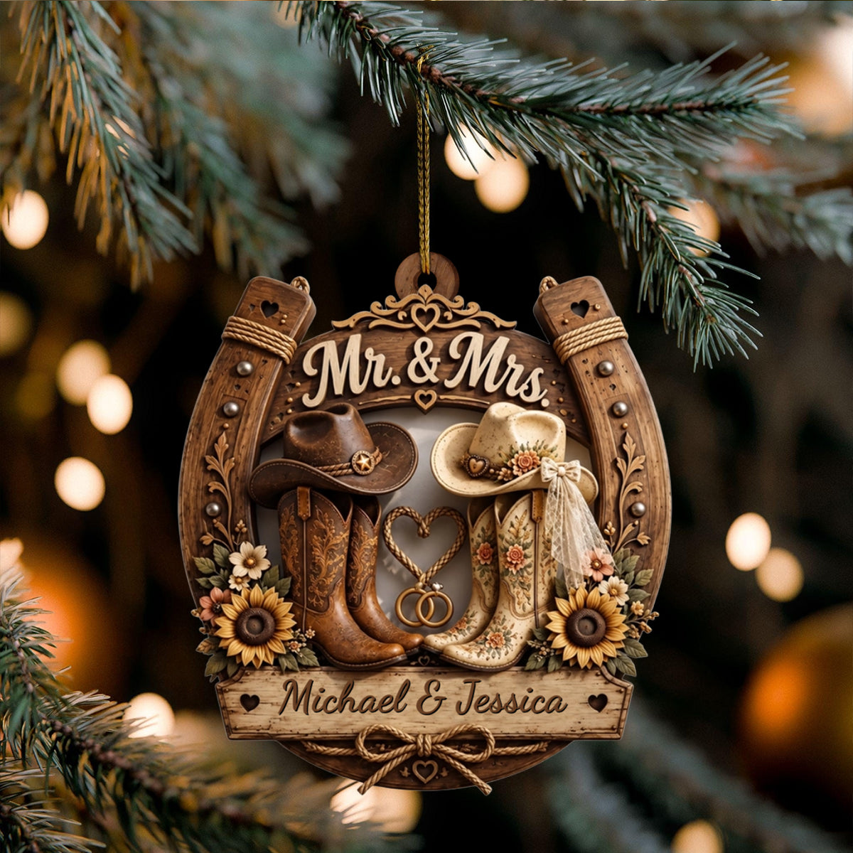 Mr. & Mrs. Personalized Wooden Ornament, Custom Gift For Couples and Cowboys