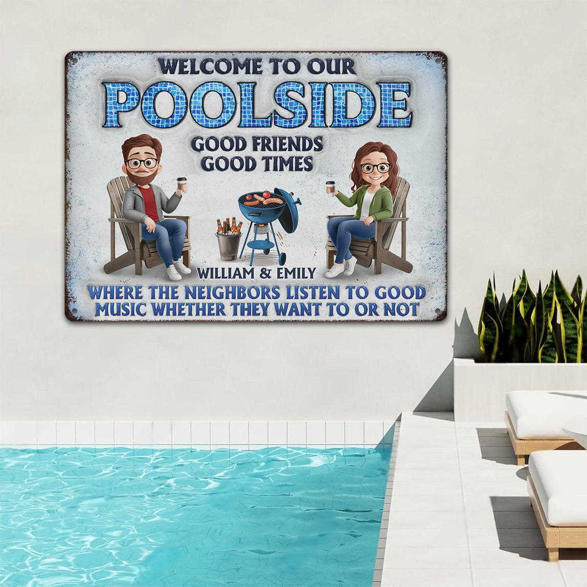 Welcome To Our Poolside, Where The Fun Never Stops - Couple Personalized Custom Home Decor Metal Sign