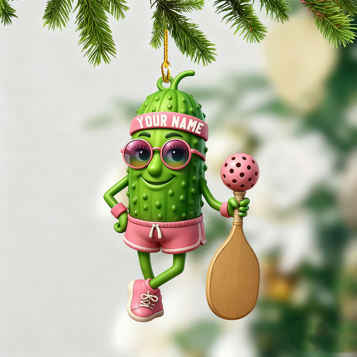 Personalized Sporty Cucumber Pickleball Christmas Acrylic Ornament