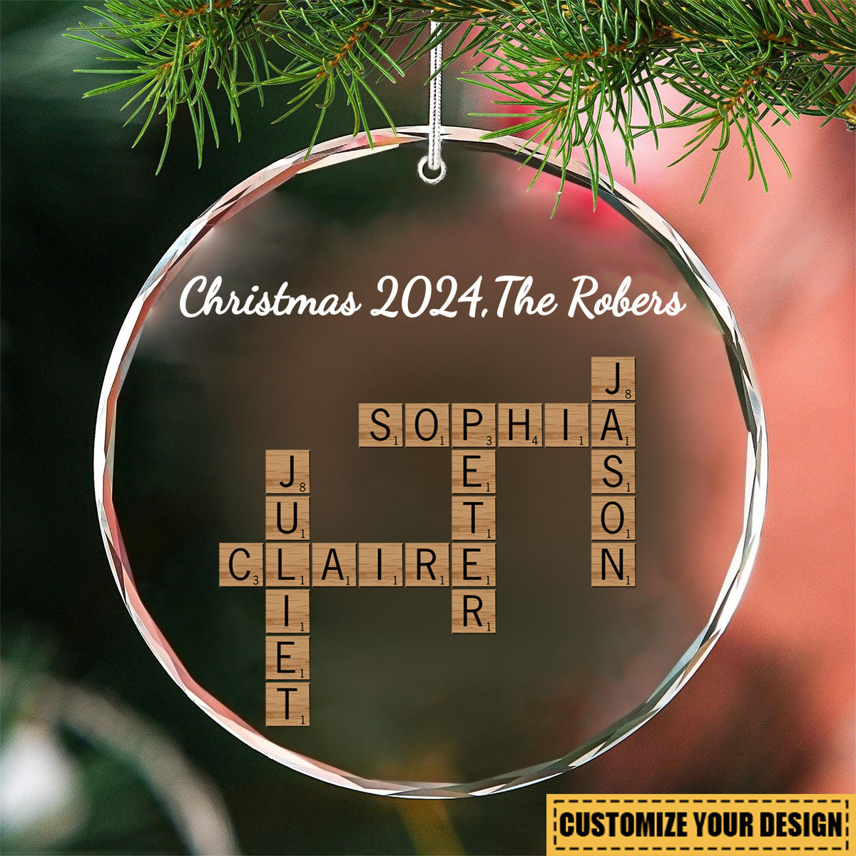 Family Besties Coworker Crossword Art - Personalized Glass Ornament