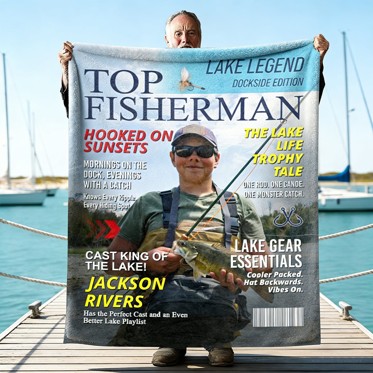 Personalized Lake Fishing Magazine Cover Blanket, Custom Gift for Fishing Dad, Husband or Him
