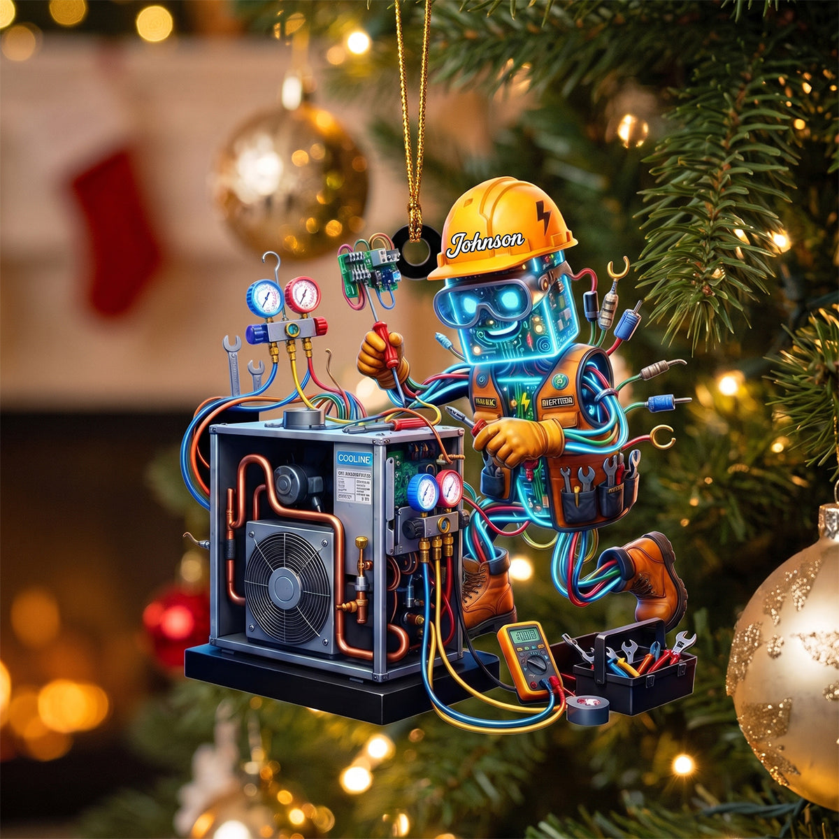 Personalized HVAC Tech Robot Fixing AC Unit Acrylic Christmas Ornament For HVAC Workers