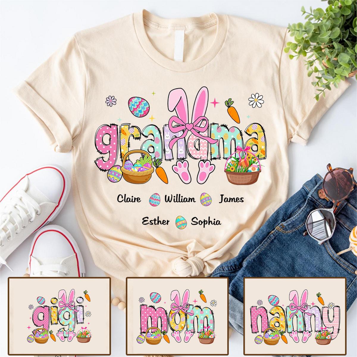 Easter Bunny Coquette Bow Gift For Family, Personalized Grandma And Kids T-Shirt