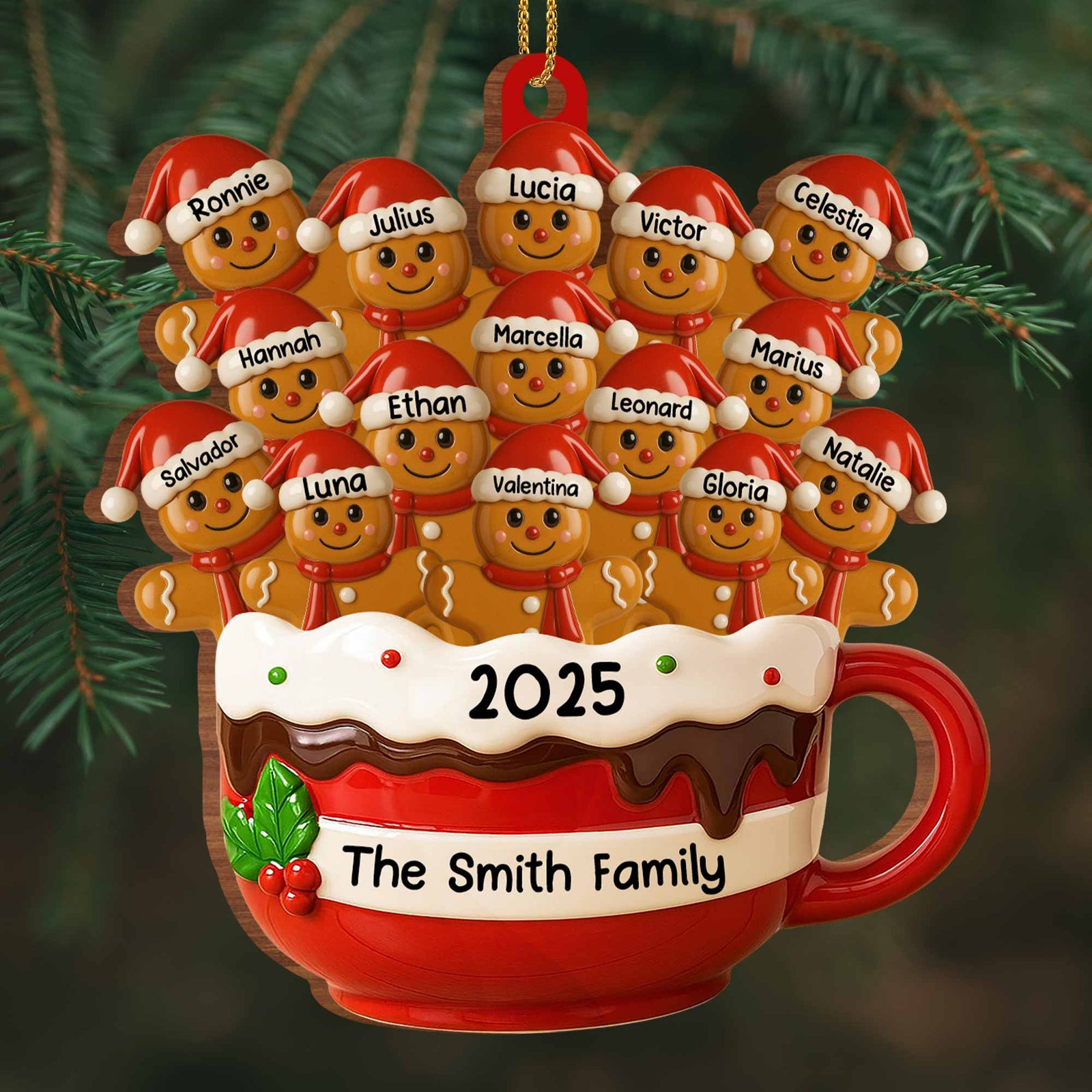 Hot Cocoa Mug With Festive Elves, Personalized Wood Ornament, Gift For Family