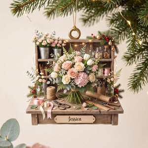 Personalized Romantic Florist Studio Ornament, Miniature Floral Workstation Christmas Decor