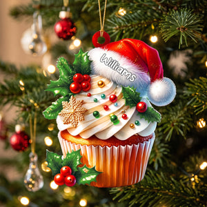 Personalized Santa Hat Cupcake Acrylic Ornament - Custom Holiday Tree Charm