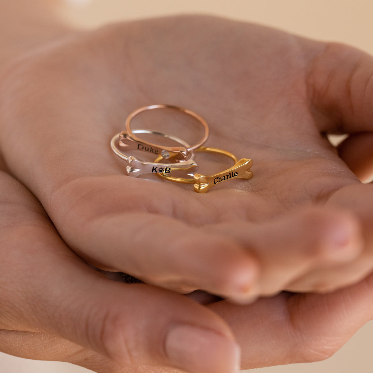 Personalized Dog Bone Charm Ring Pet Name Memorial Ring with Dainty Gemstone