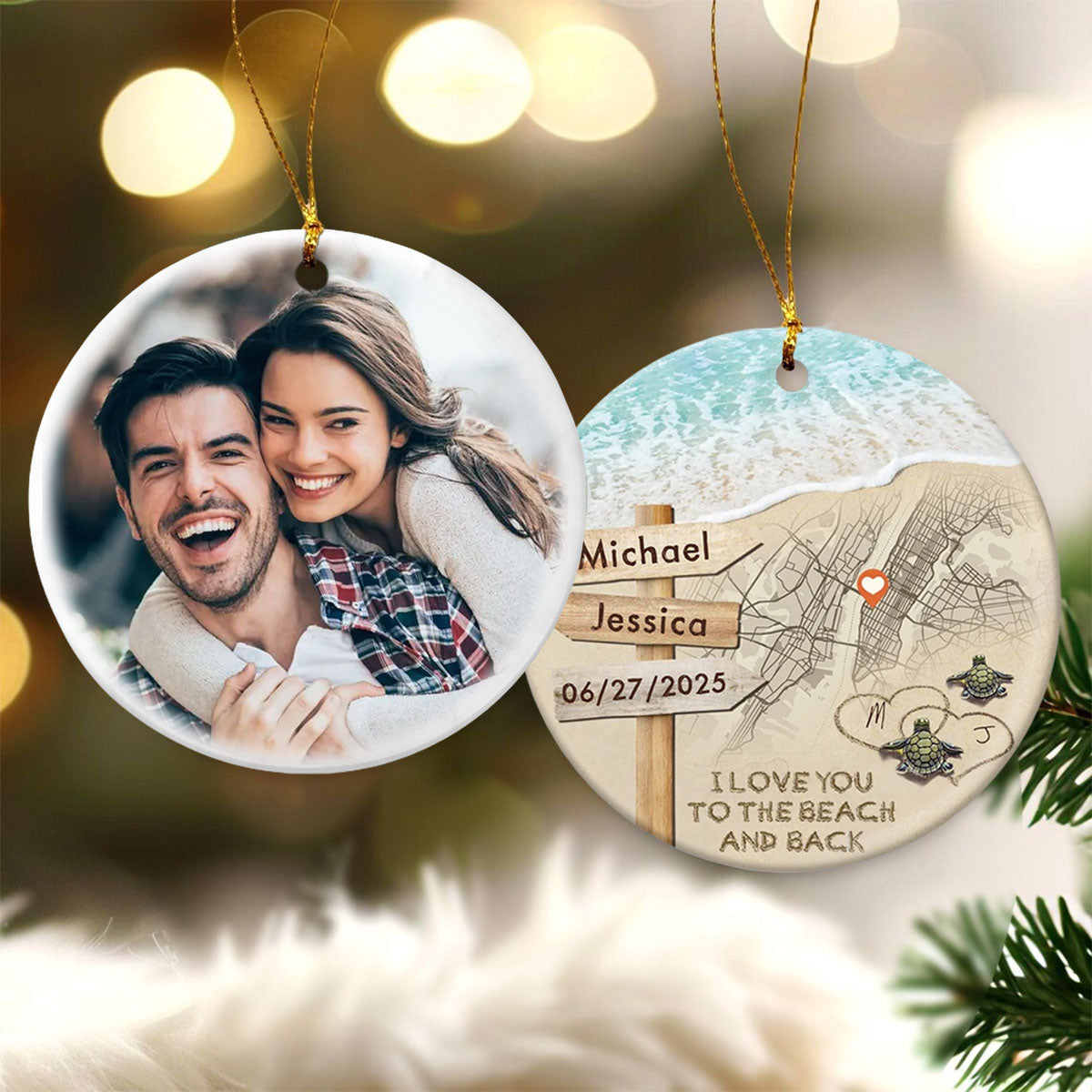 Personalized Couple Turtle City Map Ceramic Ornament - Custom Map & Photo Gift