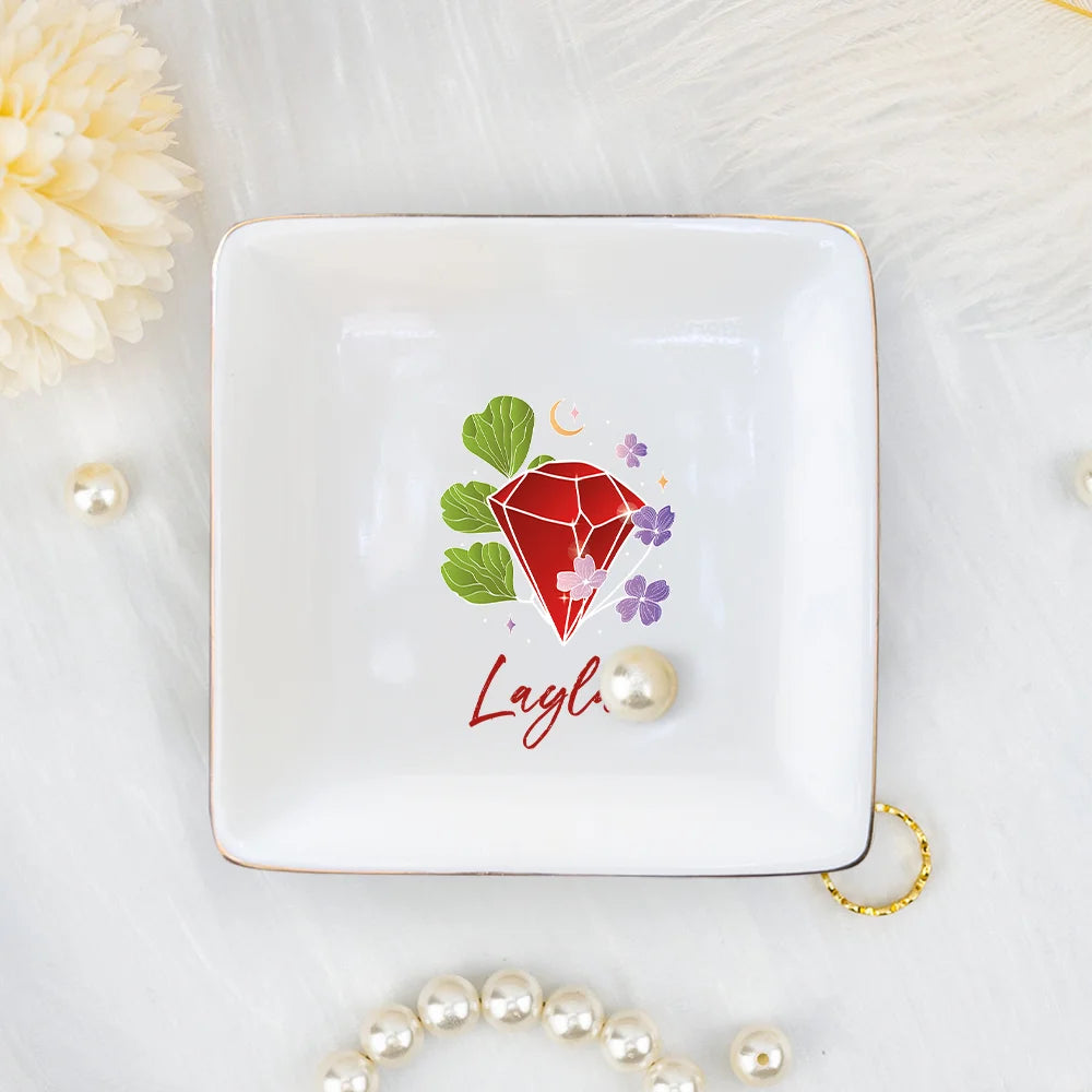 Personalized Birthstone Ceramic Square Trinket Jewelry Dish With Name, Gift For Girls Women