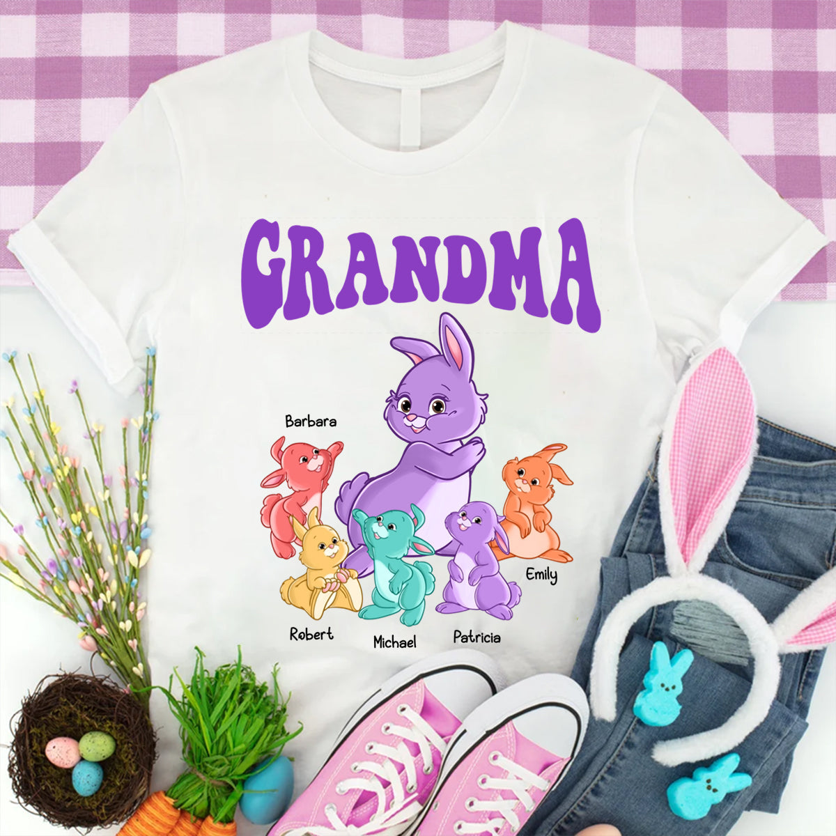 Personalized Gift For Grandma Colorful Bunny Pure Cotton T-Shirt
