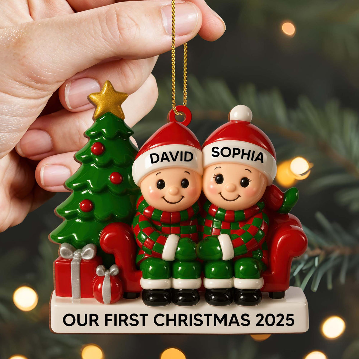 Couple Our First Christmas With Christmas Tree and Gifts, Personalized Wood Ornament