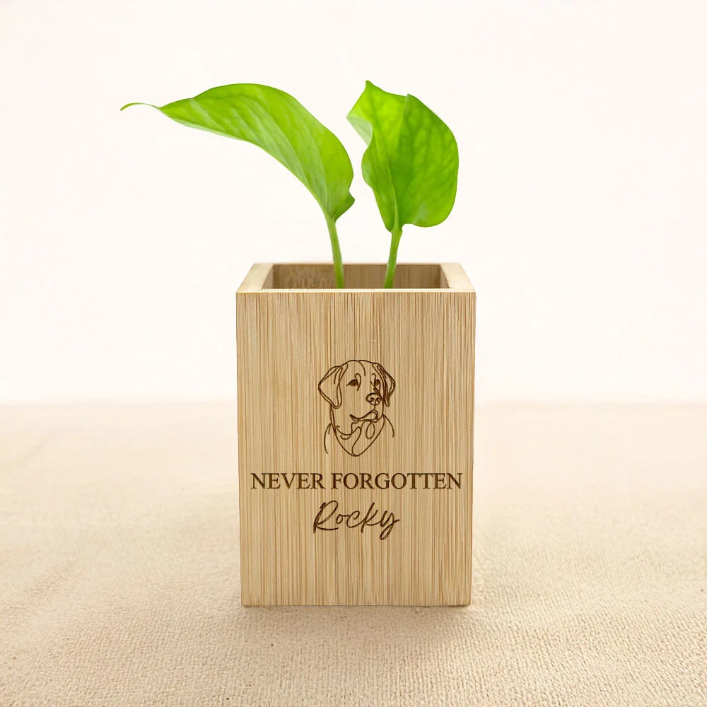 Personalized Pet Line Drawing Dog Cat Portrait Wooden Flower Pot Memorial Gift for Loss of Pet