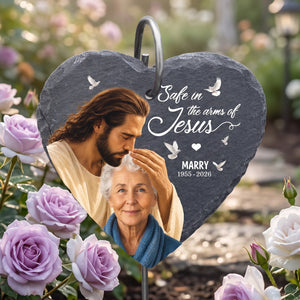 Safe In The Arms Of Jesus - Upload Image Personalized Memorial Garden Slate & Hook