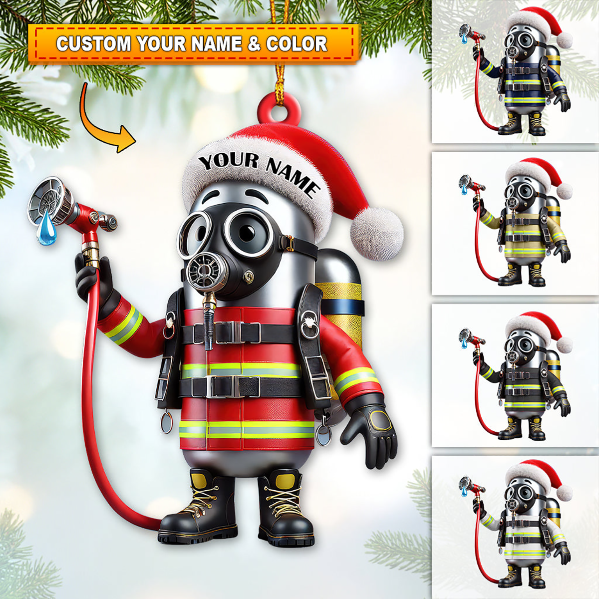 Custom Name Personalized Cute Cartoon Fire Fighter Ornament