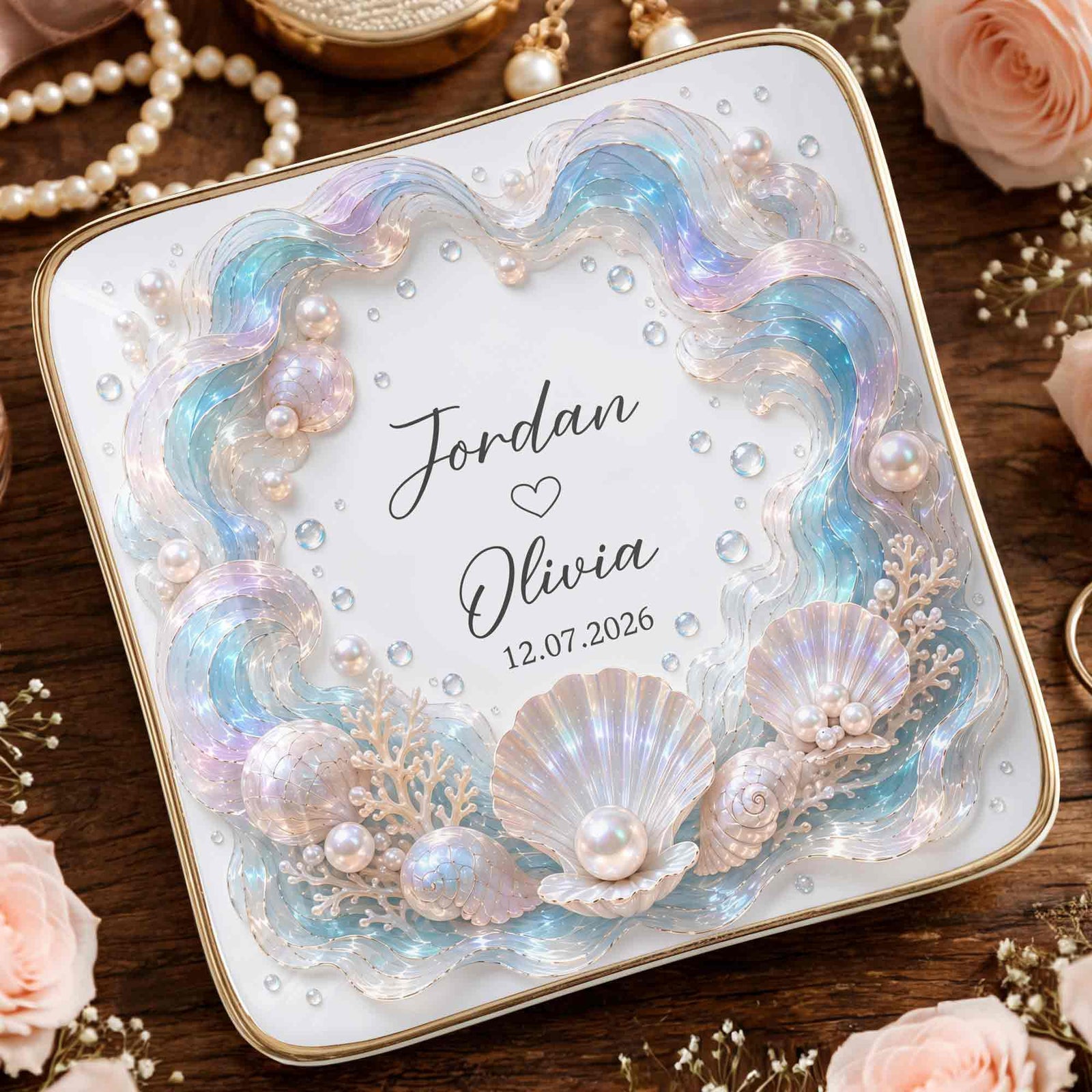 Our Love Is Deeper, Ocean Shell Pearls Personalized Ceramic Jewelry Dish, Gift For Couple