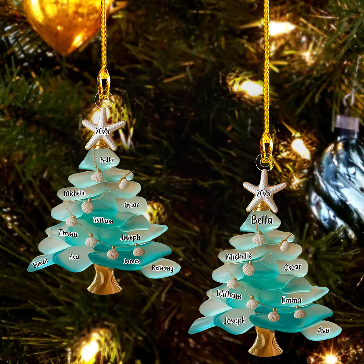 Family Sea Glass Christmas Tree - Starfish Shells Personalized Ornament Gift for Family