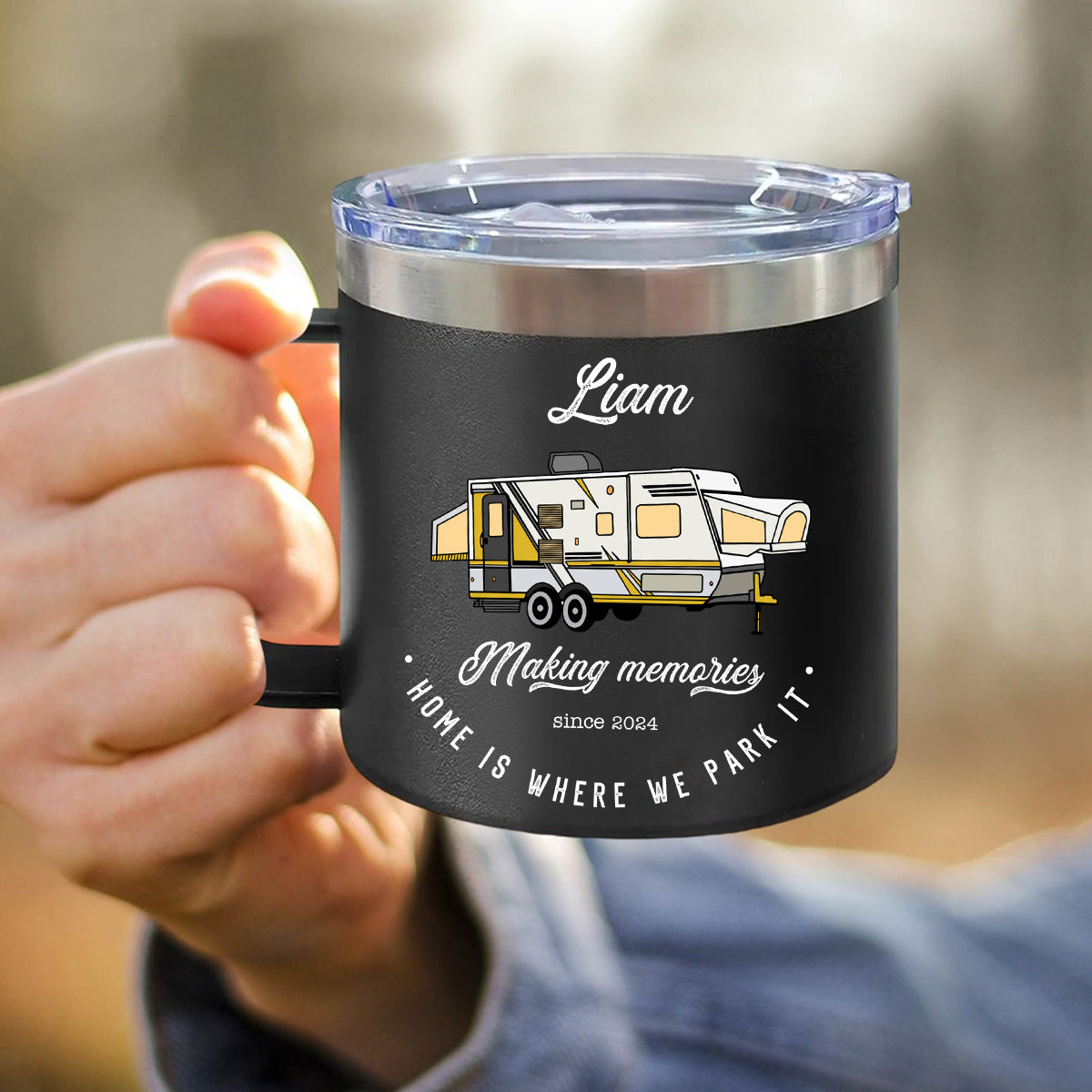 Home Is Where We Park It Camping- Camper Couple Gift - Personalized 14oz Stainless Steel Tumbler With Handle