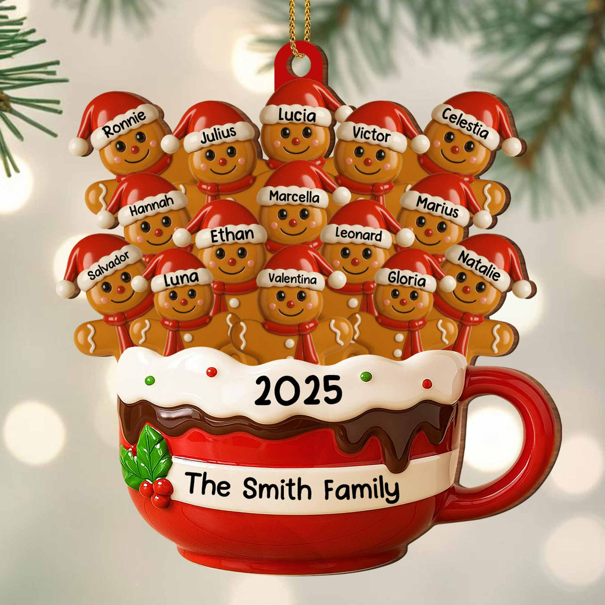 Hot Cocoa Mug With Festive Elves, Personalized Wood Ornament, Gift For Family