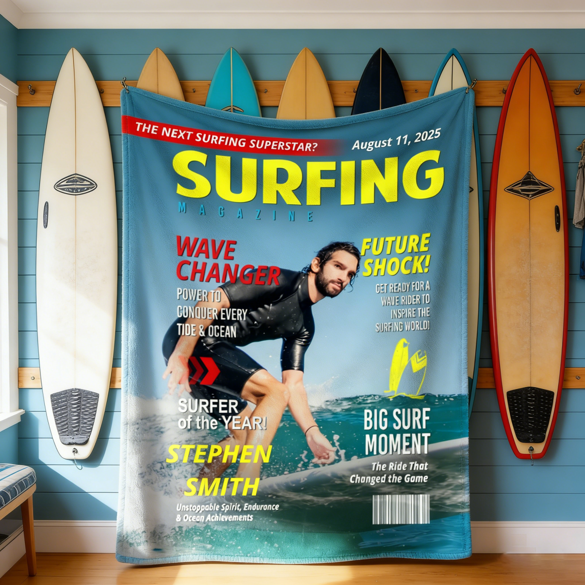 Personalized Surfing Photo Magazine Cover Blanket Gift For Surfers, Surfing Gift For Him
