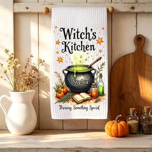 Personalized "Witch's Kitchen" Halloween Kitchen Towel – Brewing Something Special | Fall Witch Decor & Spooky Cauldron Tea Towel