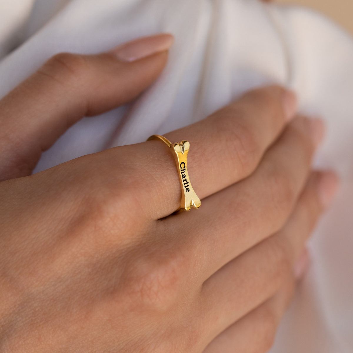 Personalized Dog Bone Charm Ring Pet Name Memorial Ring with Dainty Gemstone