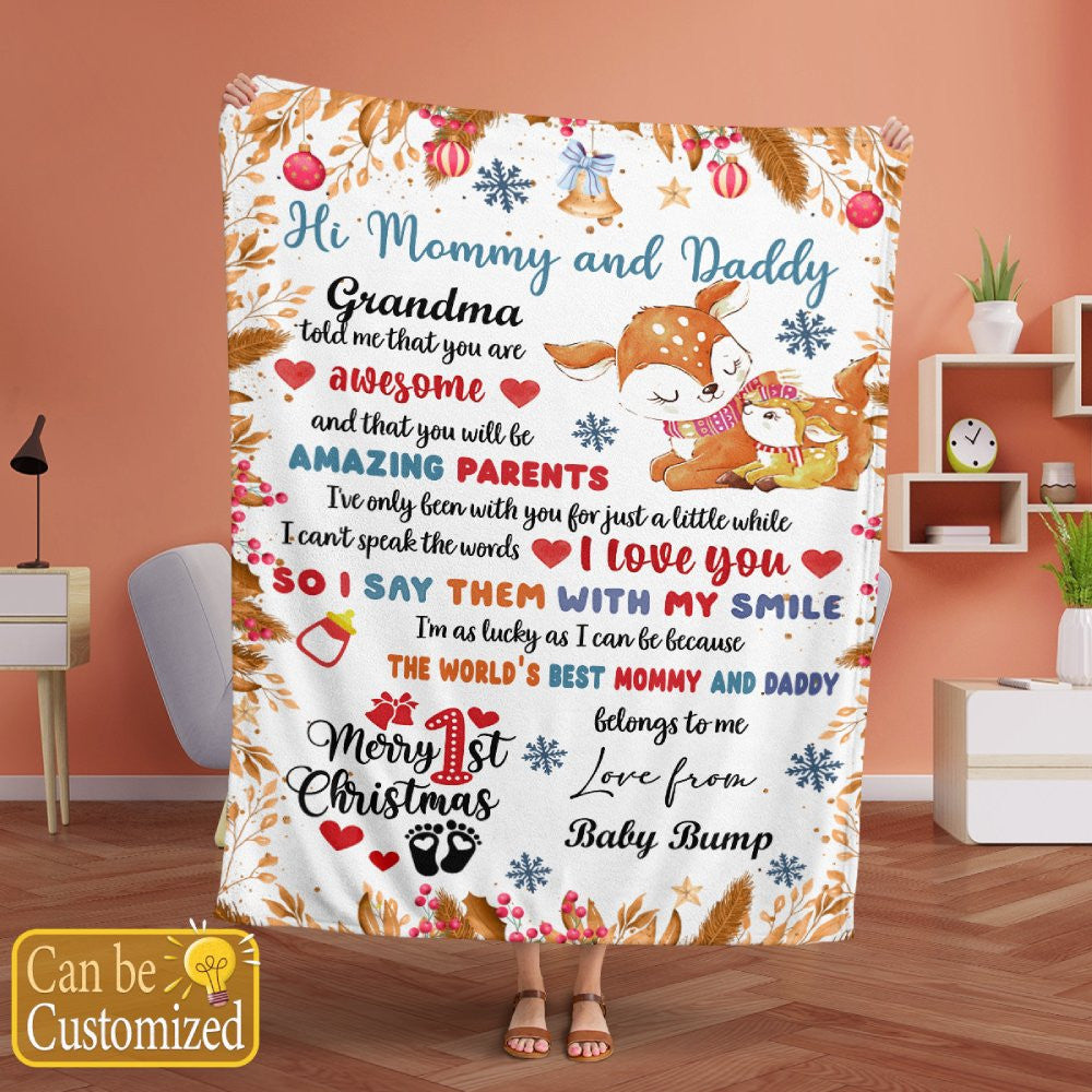 Merry 1st Christmas - Baby Dear Mommy & Daddy We Love You Personalized Blanket