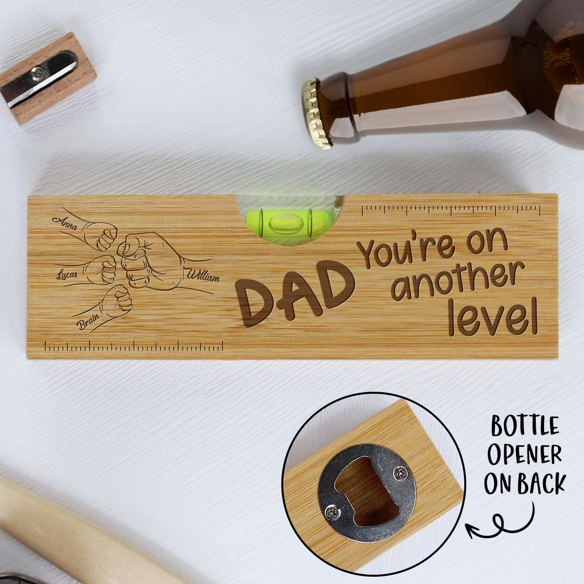 Dad Fist Bump - Personalized Custom Engraved Wooden Spirit Level Bottle Opener Gift For Father's Day