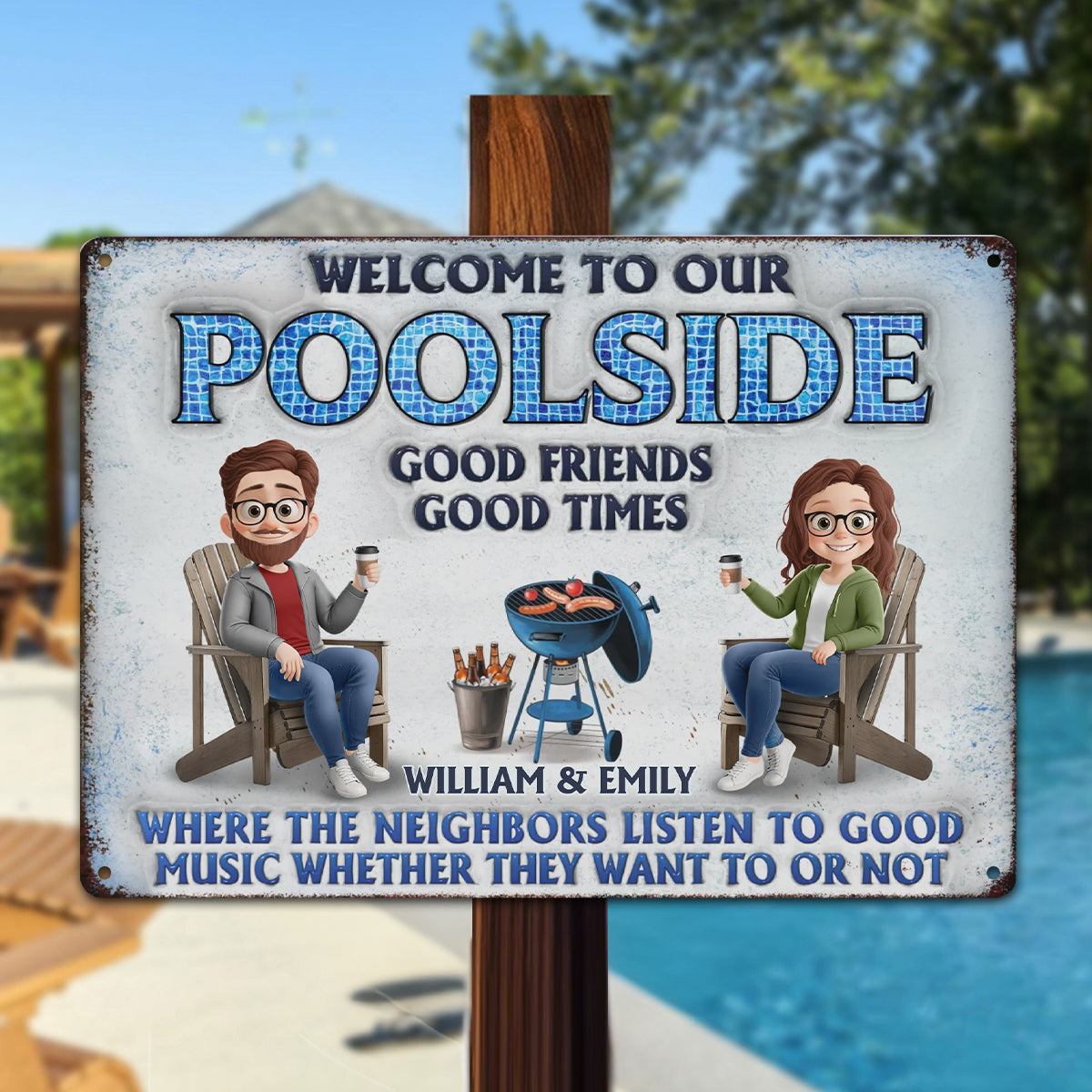 Welcome To Our Poolside, Where The Fun Never Stops - Couple Personalized Custom Home Decor Metal Sign