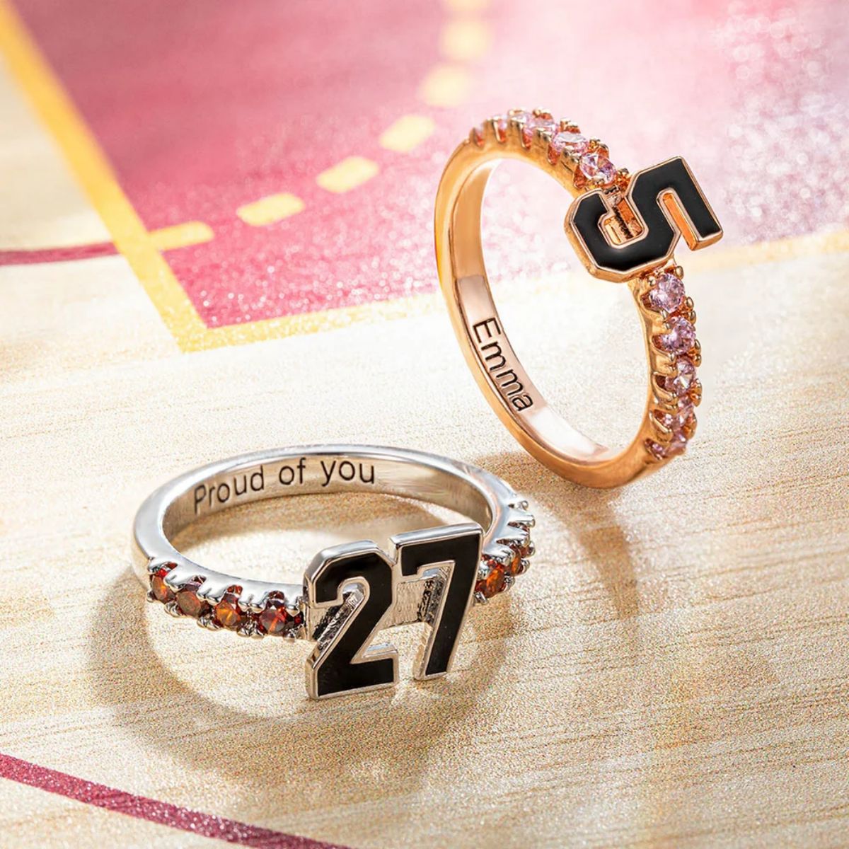 Personalized Sports Team Number Birthstone Ring with Custom Engraving Text - Basketball Baseball Mom Ring