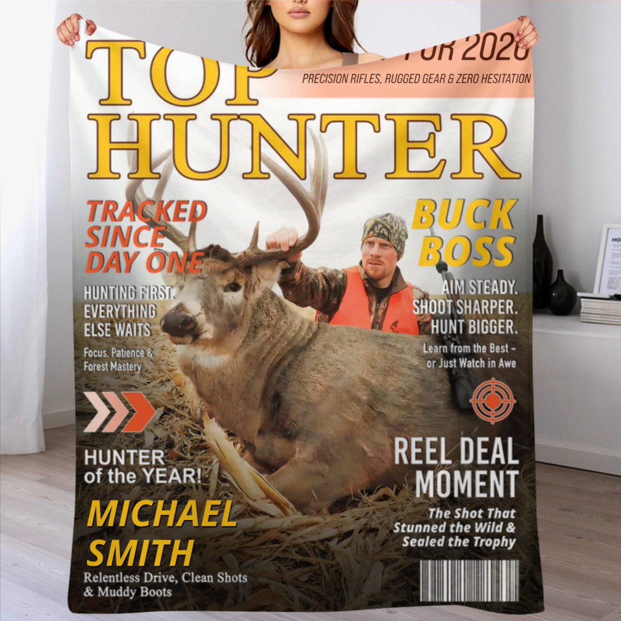 Personalized Hunting Magazine Cover Blanket Gifts for Men, Deer Hunting, Hunting Dad Gift