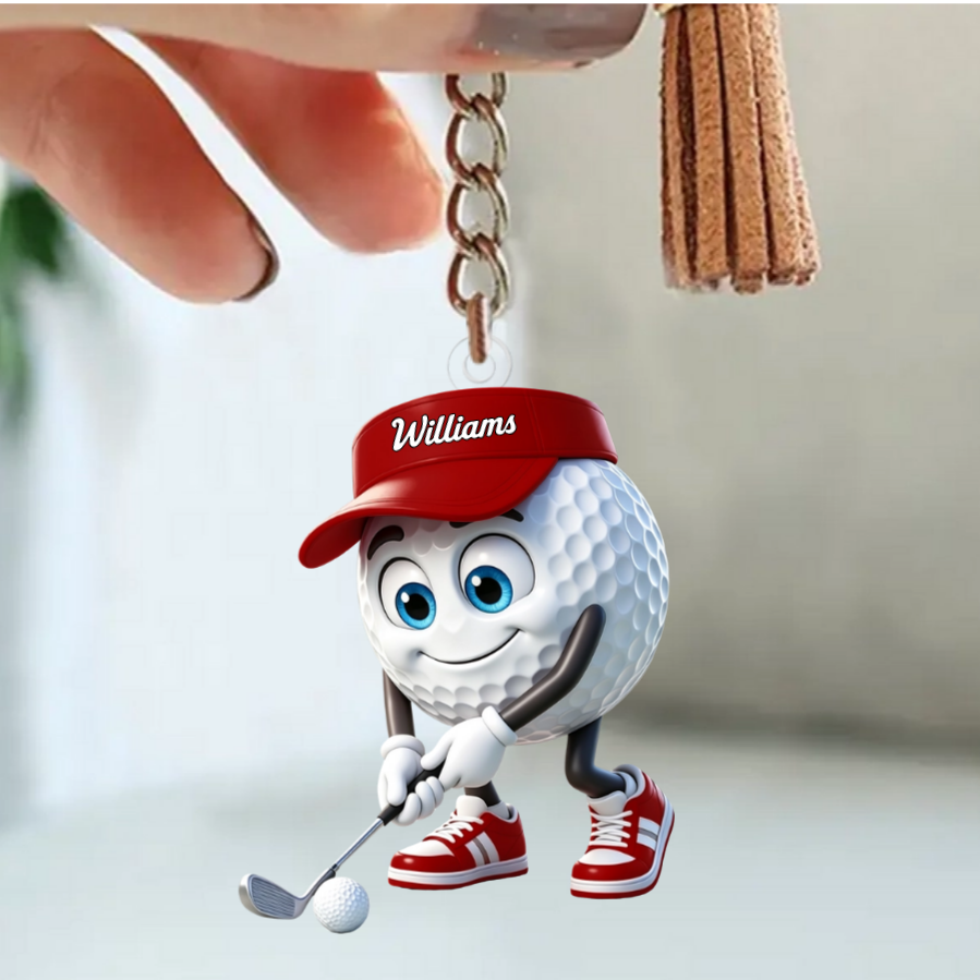 Personalized Smiling Golf Ball Mascot Keychain – Red Hat & Sneakers Golf Swing Character Accessory