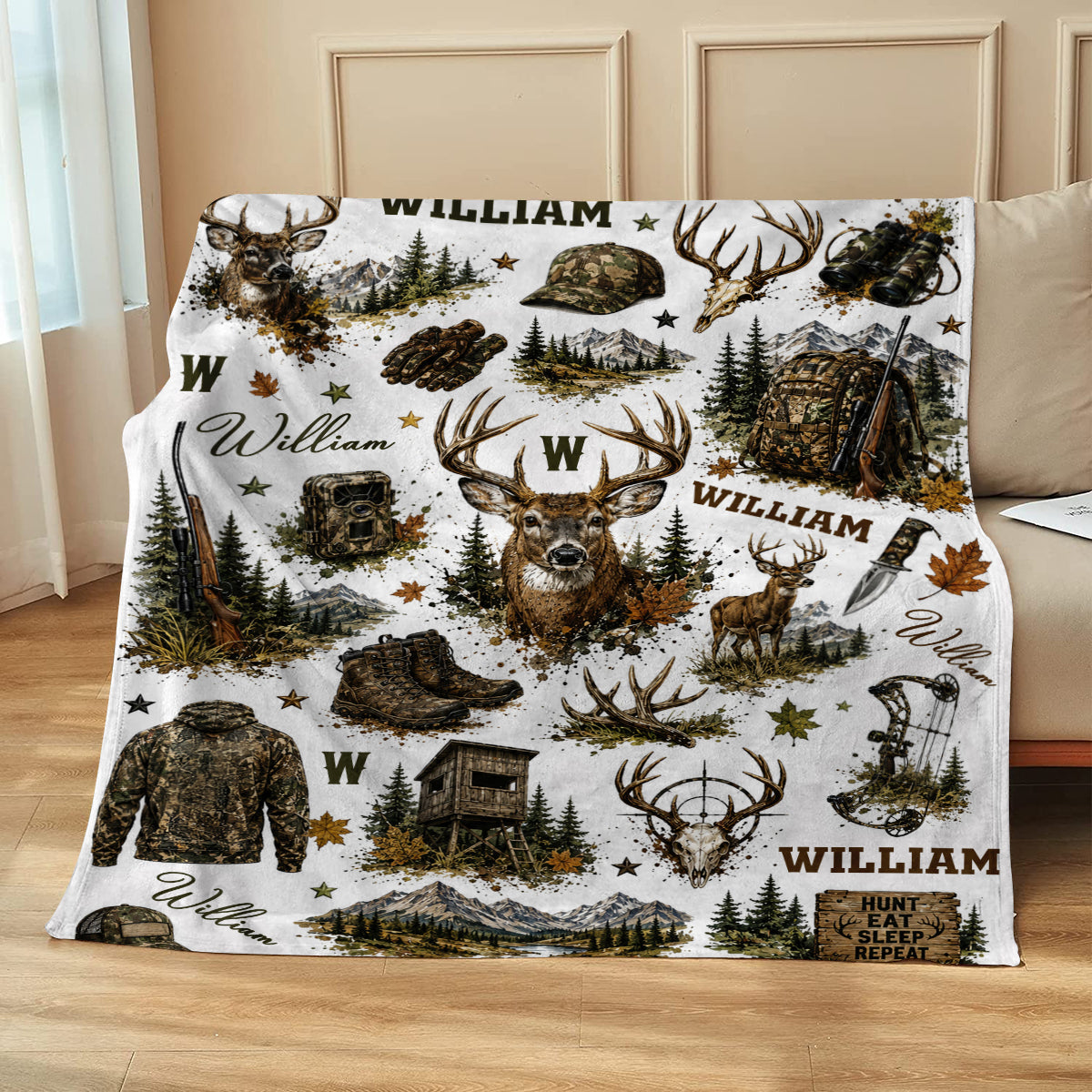 Personalized Hunting Blanket, Custom Deer Hunting Blanket with Name, Camo Hunter Throw Blanket, Outdoor Cabin Decor, Gift for Hunter Him