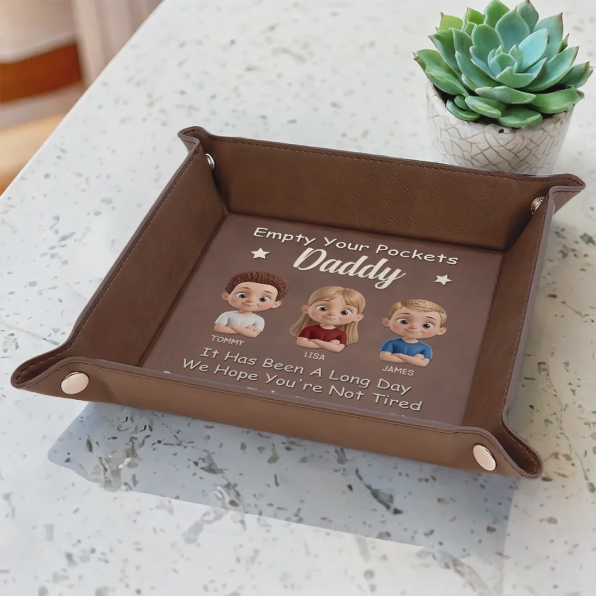 Empty Your Pockets, Fill Our Hearts - Family Personalized Leather Valet Tray Gift For Dad, Grandpa