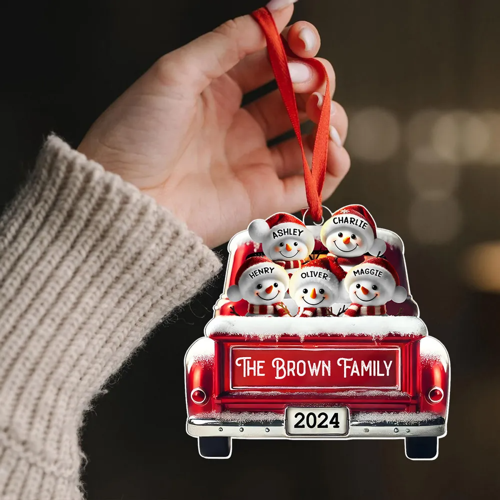 Personalized Snowman Family Acrylic Christmas Ornament, Red Truck Custom Name