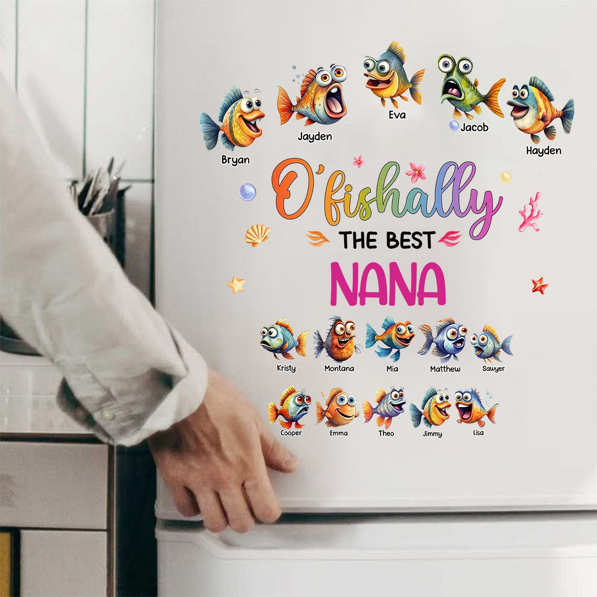 Personalized Fridge Decal/Sticker - O'fishally With Colorful Shell Fish Bubbles