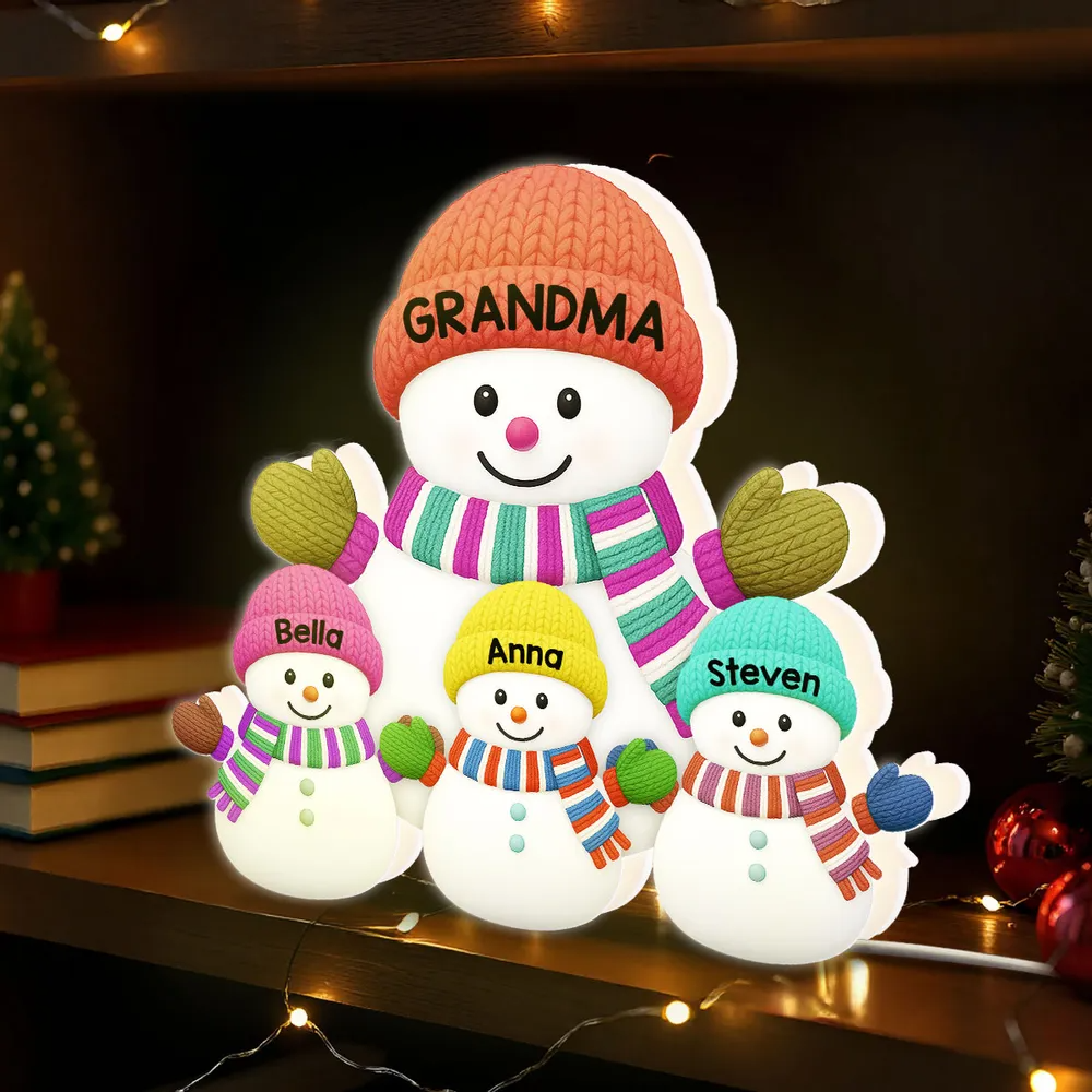 Heartwarming Christmas Grandma Grandkids Snowman Together - Personalized Light Box - Gift For Grandmas