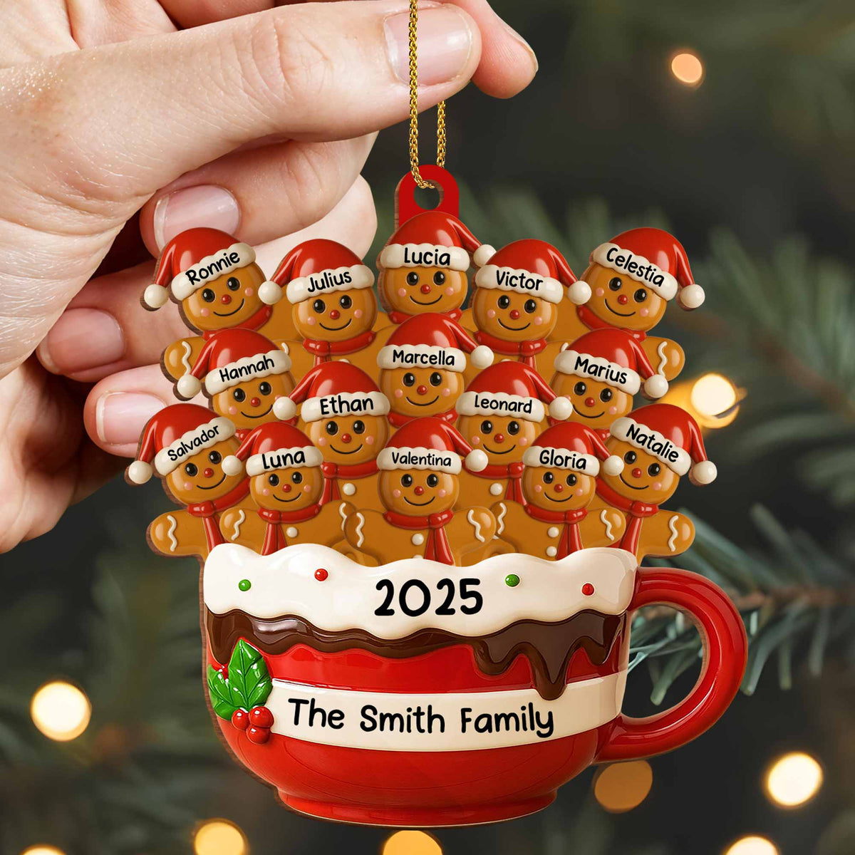 Hot Cocoa Mug With Festive Elves, Personalized Wood Ornament, Gift For Family