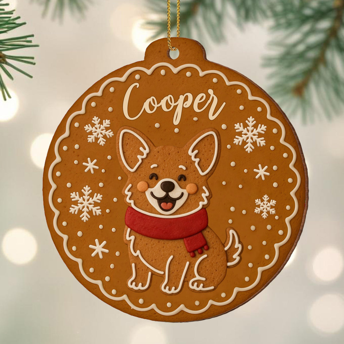 Cheerful Dog With Festive Scarf And Snowflakes, Personalized Wood Ornament, Gift For Dog Lovers