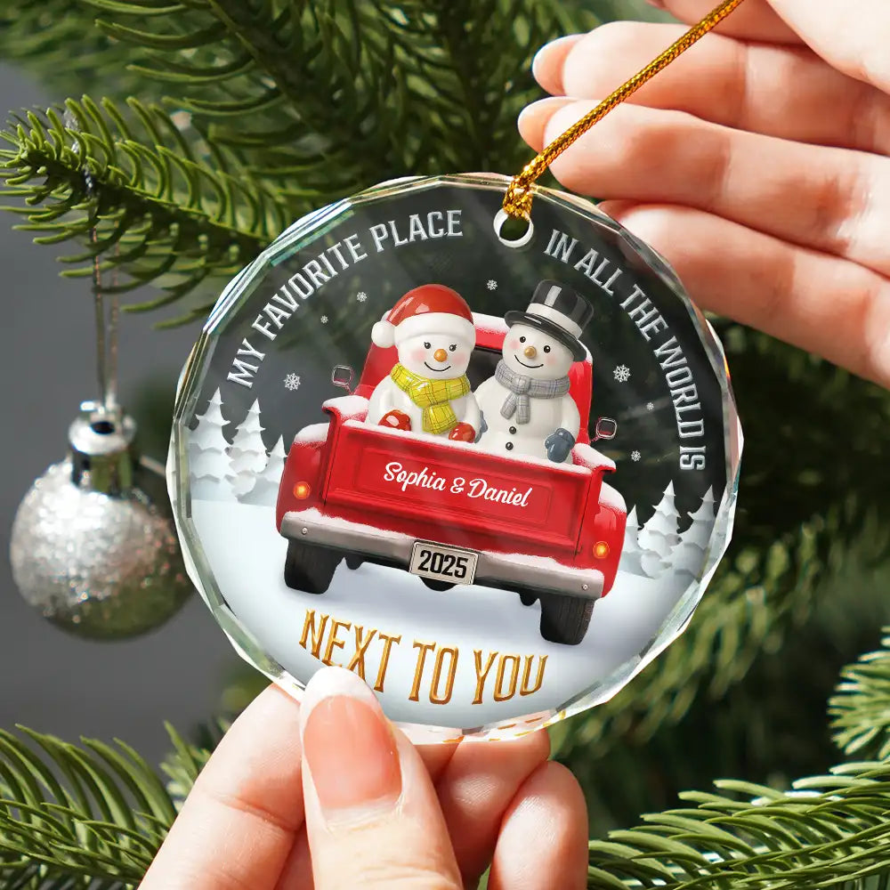 My Favorite Place In All The World Snowman Ceramic Effect - Personalized Circle Glass Ornament