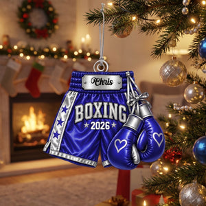 Personalized Boxing Gloves & Shorts Christmas Ornament 2026 – Custom Name Acrylic Keepsake | Gift For Boxers & Coaches