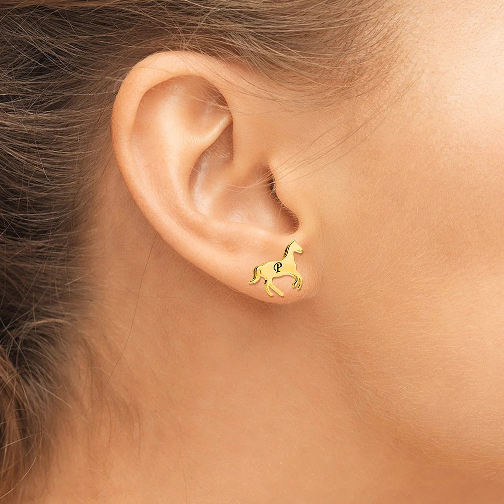 Personalized Little Galloping Horse Stud Earrings with Engraved Initial Gift for Horse Lover