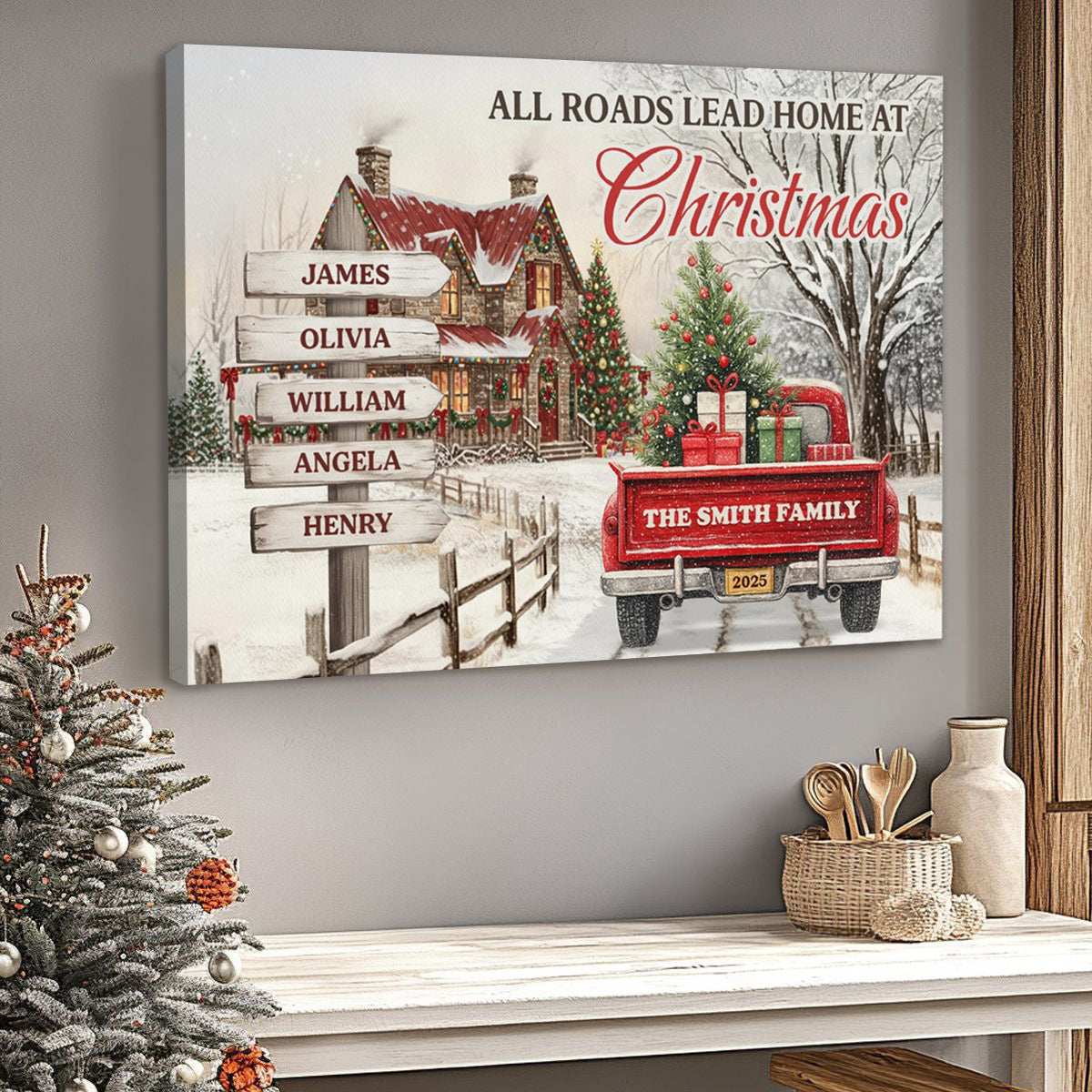 "All Roads Lead Home at Christmas" Canvas Poster - Personalize Names & Year