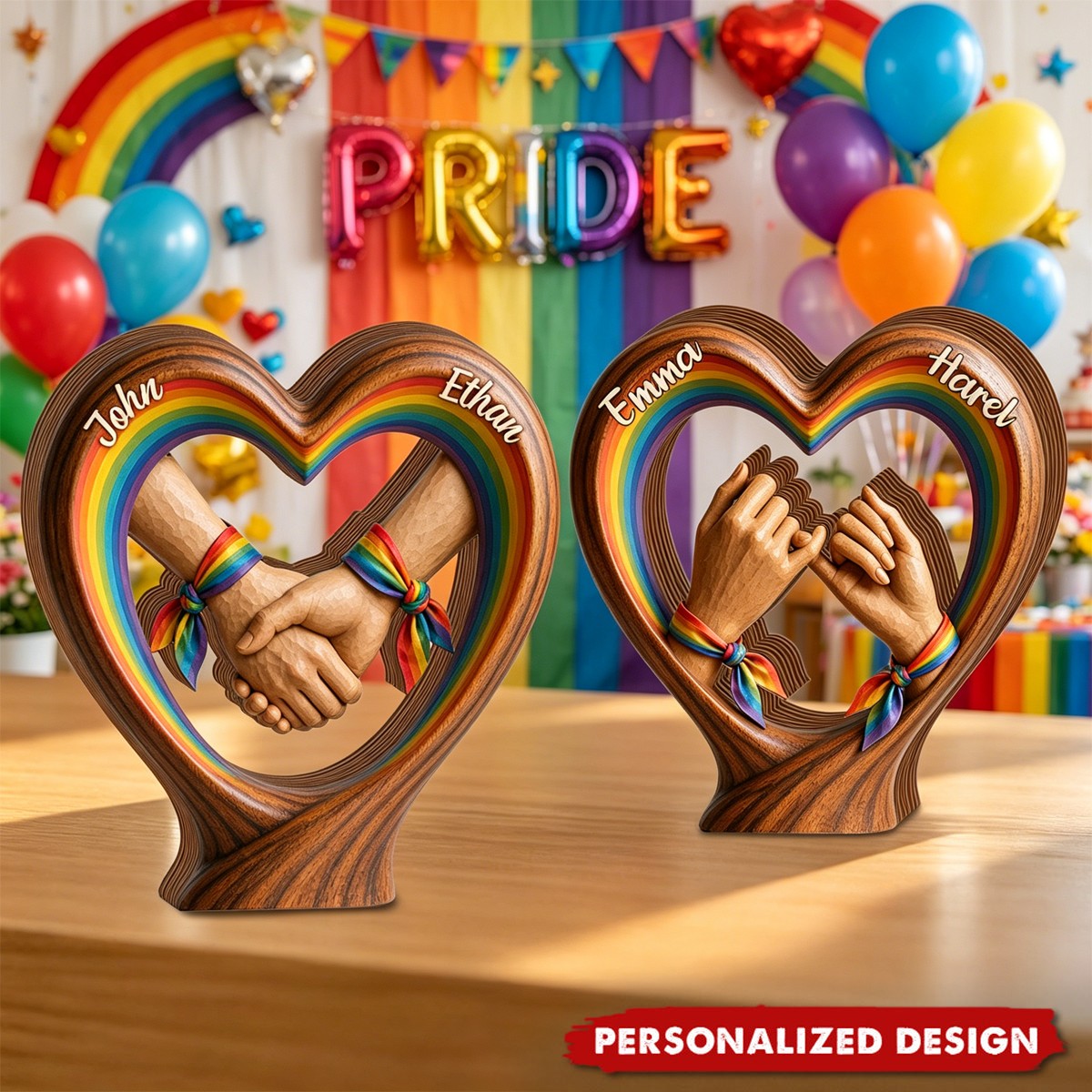 Rainbow Hand Holding - Personalized LGBTQ Wooden Heart Plaque