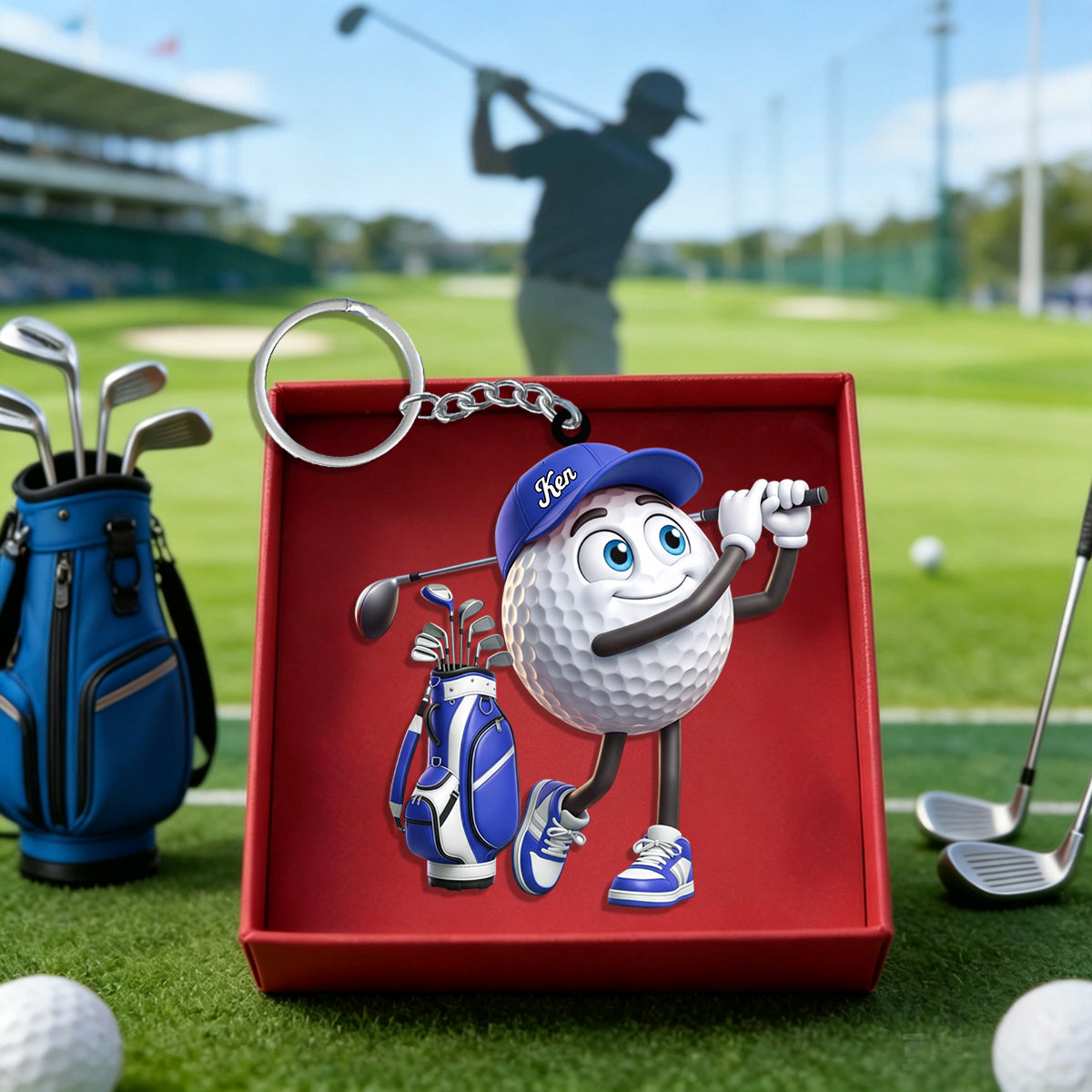 Golf Swing Motion Personalized Cute Golf Ball Mascot Keychain Gift For Golf Lovers